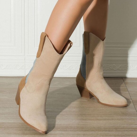 Lipijixi Women Apricot Cowboy Stacked Heel Embroider Wide Calf Cowgirl Boots - Picture 2 of 7